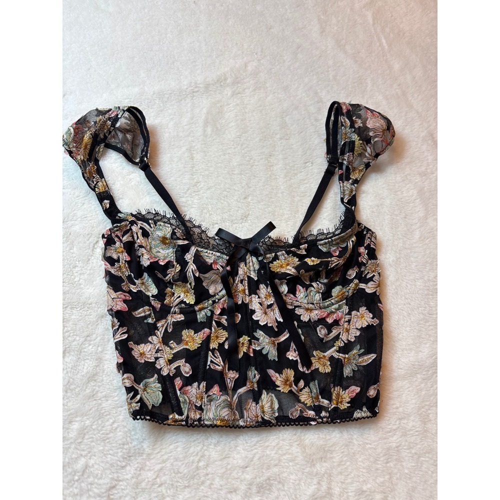 Victoria's Secret Dream Angels Floral Embroidered Mesh Corset Top Black 32D